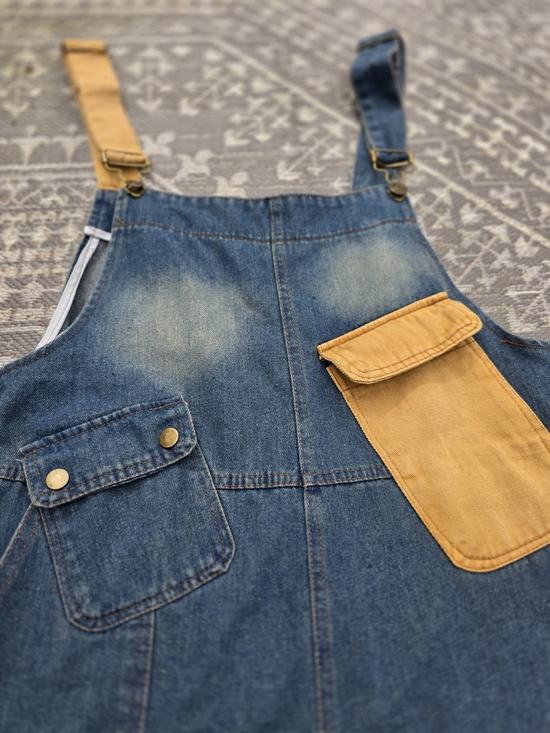 Pants - Retro Contrasting Denim Jumpsuits Women Loose Japanese Style Wide Leg Pants